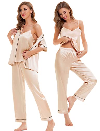 Image of SWOMOG Womens Silk Satin Pajamas Sets 4pcs Sleepwear Sexy Cami Shorts Set and Button Down Short Sleeve Pjs Loungewear