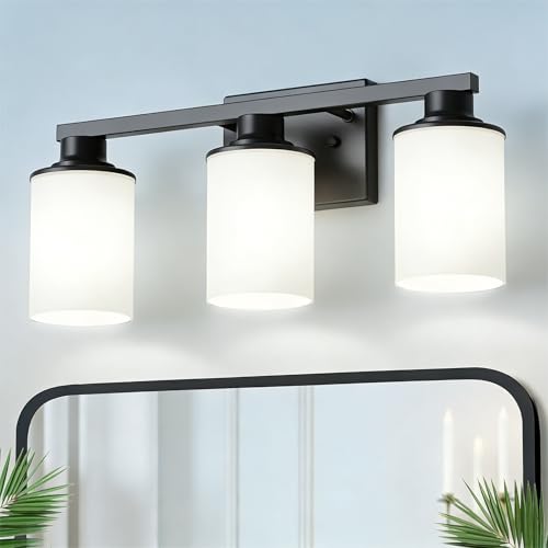 Image of DORESshop 17 Inch 3-Light Black Bathroom Vanity Light with Milk Glass