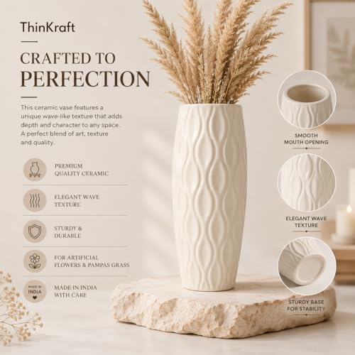 Image of Ceramic Flower Vase, Off White, Tall Cylindrical Shape, Embossed Wave Texture Pot, 23 cm, for Artificial Flowers and Dried Pampas Grass (only Vase) (Wavy Embossed)