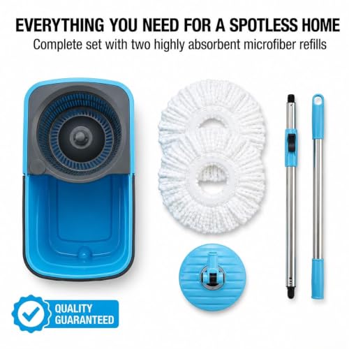 Image of Spin Mop Bucket Set with Stainless Steel Wringer, 360 Rotating Microfiber Mop Head, Adjustable Telescopic Handle, Floor Cleaning System for Home, Kitchen, Bathroom & Office (Plastic Blue)