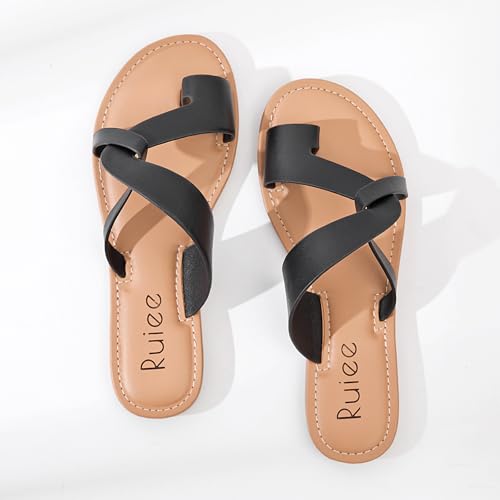 Image of Ruiee Wide Width Sandals for Women, Summer Flat Slides Casual Braided Wide Feet Sandal Comfort Slip on Sandals Open Toe Beach Shoes for Women.