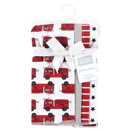 Image of Hudson Baby Infant Boys Cotton Flannel Burp Cloths 4-Pack, Fire Truck, One Size
