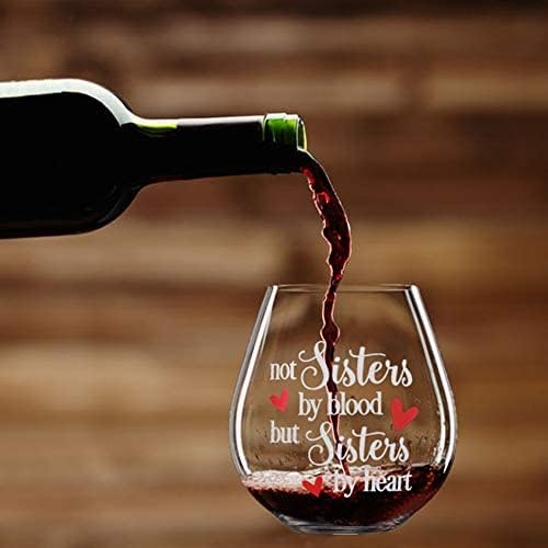Yalucky Stemless Wine Glass 'Not Sisters by Blood but Sisters by Heart' Funny Sayings Best Friend Personalised Gifts Friendship Gin Glass Birthday Present Idea for Women Bestie Gifts Party Decor