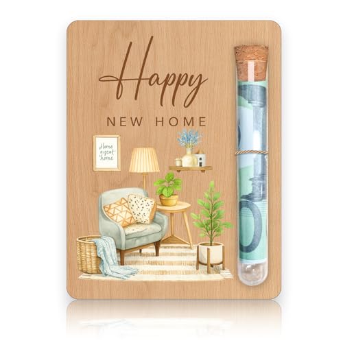 Einzugsgeschenke Haus Geldgeschenk aus Holz Happy New Home – Geschenk zum Einzug Wohnung, 10 x 13cm Einweihungsgeschenk Haus mit Reagenzglas, Einzugsgeschenk für Neue Wohnung und Neues Zuhause