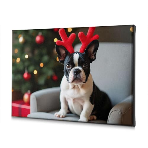 Tableau de Noël chien déco murale salon moderne toile festive 40 x 60 cm