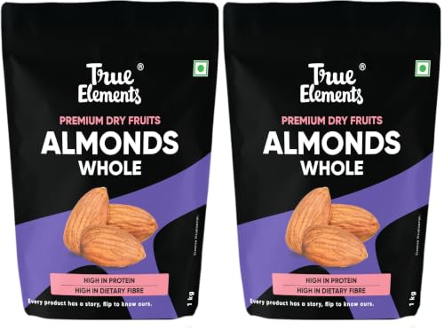 Image of True Elements Almonds 1kg - 100% Natural, Clean Dried Almonds | Badam Dryfruits | Rich in Protein | Nuts and Dry Fruits (Pack of 2)