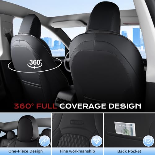Image of Coverado Car Seat Covers for 2020-2026 Tesla Model Y, Waterproof Car Seat Covers Full Set 5 Seats, Leatherette Car Seat Covers Front Seats and Rear Back Custom for Tesla Model Y, Black