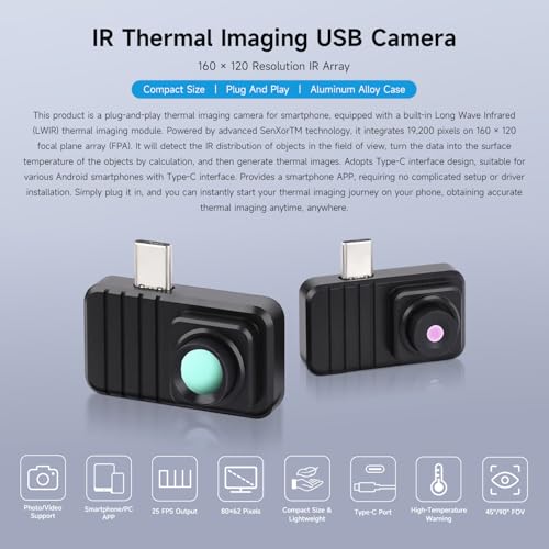Waveshare Mobile Infrared Thermal Imaging Camera, Type-C Interface, Plug-and-Play, 160×120 Resolution, 88° Field of View, Aluminum Alloy Case