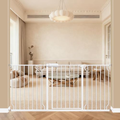 Image of ALLAIBB Baby Gate Pressure Mounted Extra Wide Walk Through Child Kids Safety Toddler Tension White Long Large Pet Dog Gates with Extension for doorways Kitchen and Living Room (62.20-66.93 inch /158-170cm)