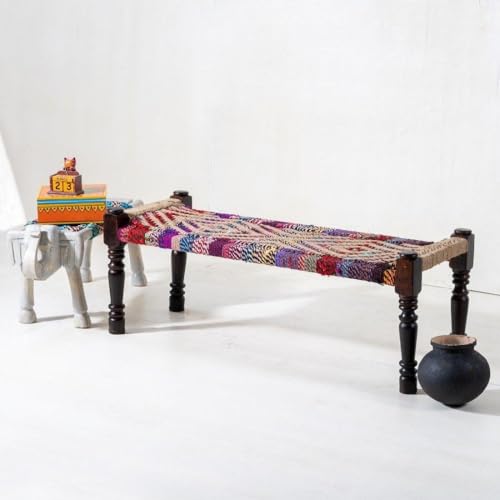 Image of Wooden Bench for Seating | Handcrafted Sheesham Wood Bench for Living Room, Balcony & Garden | Traditional Patio for Outdoor with Chindi and Jute Handwoven Rope | Jute and Multicolor