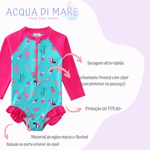 Acqua di Mare Maiô Menina Manga Longa Proteção UV 50+ (BR, Idade, 4 Anos, Rosa e Azul)