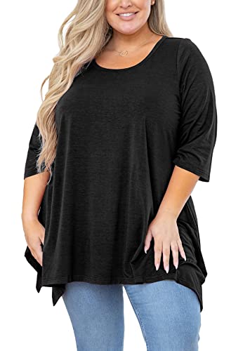 AusLook Plus Size Women's Tunic 3/4 Sleeve Clothes Swing Babydoll Top Side Split Crewneck Blouse Flowy Shirts M-5X