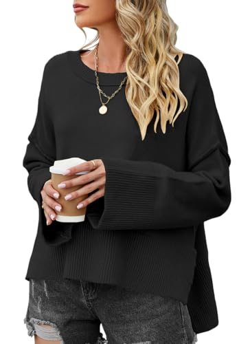 PANOZON Damen Pullover Sweater Lose Rundhals Pulli Winter Strickpullover Frauen Fledermaus Langarmshirt aus Strick Seitlichem Schlitz Oberteile(Schwarz,S)