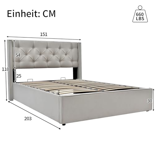 Hydraulisch Doppelbett Polsterbett 140X200Cm,Bett Mit Lattenrost Aus Metallrahmen, Modernes Bettgestell Mit Stauraum, Hellgrau(Mit Matratze) – Bild 4