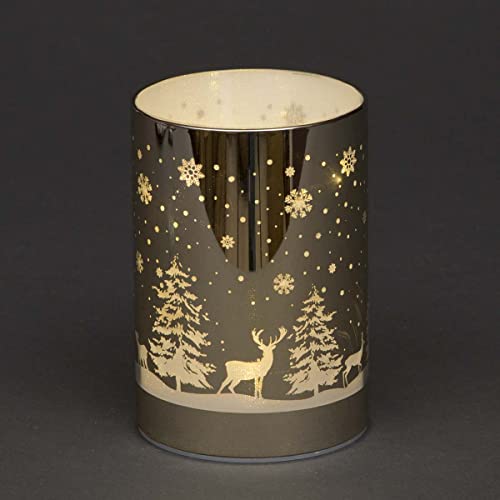 SHATCHI 13cm Christmas Decorated Vase Table Lamp Etched Glass Tube Forest Scene Gold Cylinder LED Fairy Lights Battery Operated