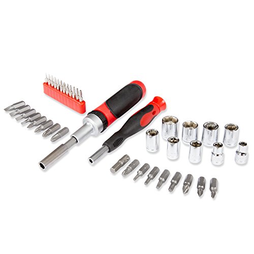 Ratcheting Screwdriver with 41 Piece Bit and Socket Set - Stubby Handle Multitool with Metric and SAE Drivers and Precision Bits