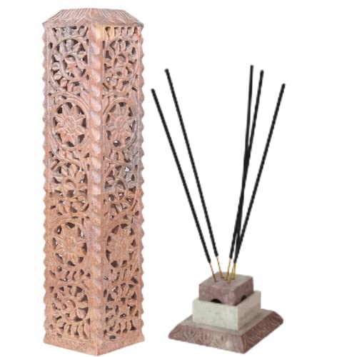 Carry Me Handmade Marble Soapstone Incense Stick Burner | Candle Stick Holder | Tea Light Stand - Floral Carving For Gifting. Decorative Incense Tower For Home And Office Decor. (3X3X11 Inches) #TOP30
