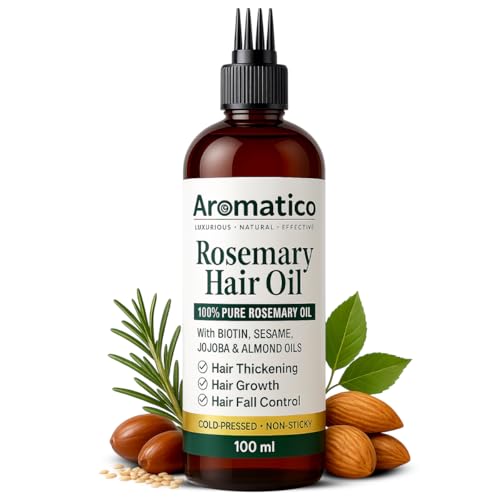 Image of AROMATICO Rosemary Hair Oil for Hair Growth & Hair Fall Control - Rosemary Oil for Hair Thickening & Scalp Health | Sesame, Jojoba & Almond | Starter Size | 100ml