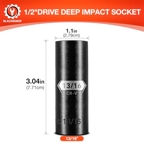 Image of BLACKROBOT 1 /2 Inch Drive 6-Point Deep Socket, 13 /16 inch Deep Impact Socket, CR-V Steel