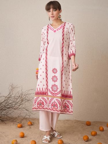Image of INDO ERA Women's Pure Cotton Straight Ethnic Motifs Printed Inches Kurta With Pant with Dupatta Set (IESTR9762)