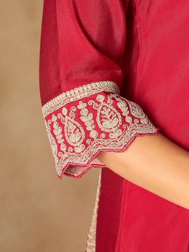 Image of INDO ERA Women's Maroon Silk Blend Embroidered A-Line Kurta & Pant With Dupatta Set (IESTR6990)