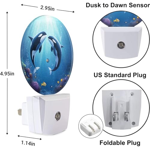 Image of Whale Night Light Undersea Killer Whales Blue Ocean Sea Coastal LED Dusk to Dawn Plug-in Nightlight Auto Sensor for Bedroom Bathroom Hallway Living Room