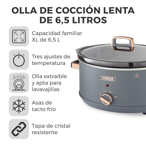 Miniatura 2 de Tower T16043gry Olla De Cocción Lenta De 6.5 Litros, Modelo Cavaletto Olla Lenta Con 3 Ajustes De Temperatura, Asas De Tacto Frío - Gris Y Rosa Oro
