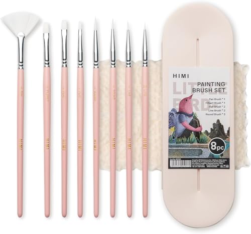 Image of THOOVI - HIMI - Gouache /Paint Mini Brushes Set 8 Pcs - Acrylic Oil Watercolor Face & Body Gouache Painting - Nice Gift - Art hobbyist,Adults(Pink)