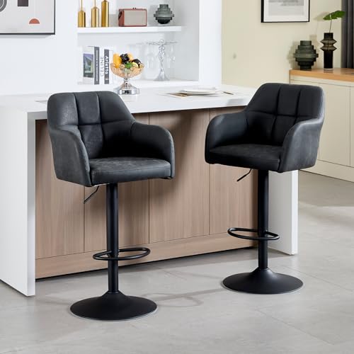 Butacos giratorios de barra, set de 2 unidades, estilo moderno, tapizados en cuero sintético, altura ajustable de 24 a 33 pulgadas, con reposabrazos y reposapiés, para isla de cocina/barra/comedor/bistró, gris oscuro miniatura 1
