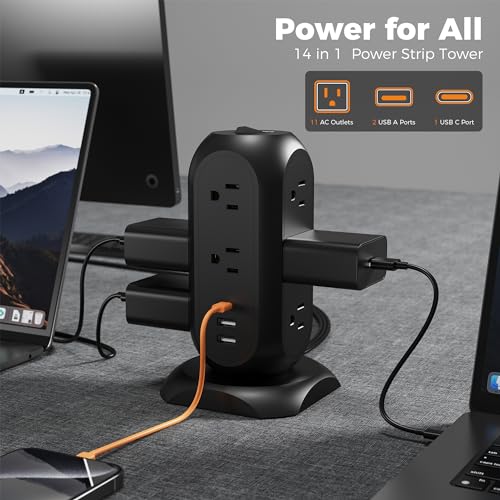 TESSAN Surge Protector Power Strip Tower with 3 USB Ports 11 Outlets, 1625W/13A, Black Extension Cord 6 Feet, 1050J Protection Desktop Charging Station for Office School Dorm Room Essentials - Image 3
