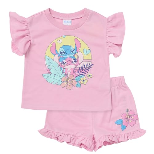 Disney Lilo Stitch Outfit Girls French Terry 2-Piece Ruffle Tee Sleeve Shorts Set Toddler, Little-Kid (Pink, 4)