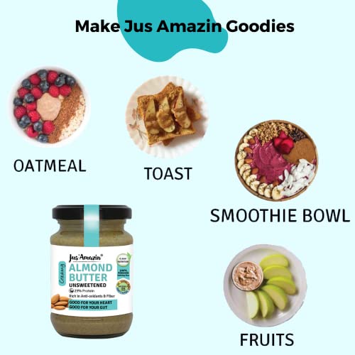 Image of Jus' Amazin Creamy Almond Butter - Unsweetened (125 g) | 25% Protein | Only Pure Whole Almonds | Zero Additives /Chemicals |Plant Based, Dairy Free, Keto | Clean Nutrition, 0% Chemicals