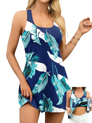 V FOR CITY Summer Dress for Women Built in Bra Tank Dress with Pockets Beach Cover Up Flowy Racerback Sundress Navy Tropical Leaf L