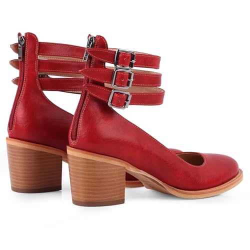 FancyQueen Mary Jane Pumps, Vintage Mary Janes Heels Chunky Round Toe Mary Jane Shoes with Adjustable Buckles Back Zipper3