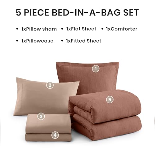 Image of Monbix Twin XL Comforter Set Terracotta, Cationic Dyeing Bedding Set Reversible 5 Pieces, All Season Bed in a Bag with Comforter, Sheets, Pillowcase & Sham