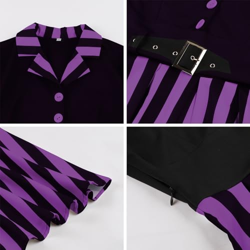 Image of ODIZLI Women's 1950s Retro Dress Short Sleeve Notched Lapel Polka Dot Stripe Swing Dress with Belt Cocktail Dress