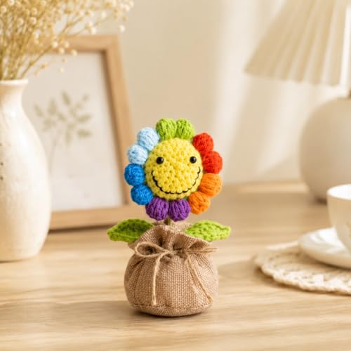 Image of Handmade Crochet Rainbow Smiley Flower in Jute Bag 16 cm, Mini Artificial Crochet Flower Pot, Cute Desk Decor for Home, Office Table, Shelf, Birthday, Friendship & Thank You Gift