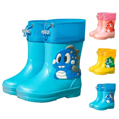 jieGorge Botas de lluvia de dinosaurio para niños y niñas, con cierre de cordón, impermeables, antideslizantes, de goma, unisex, para niños, botas de agua Wellington, para jugar al aire libre, azul