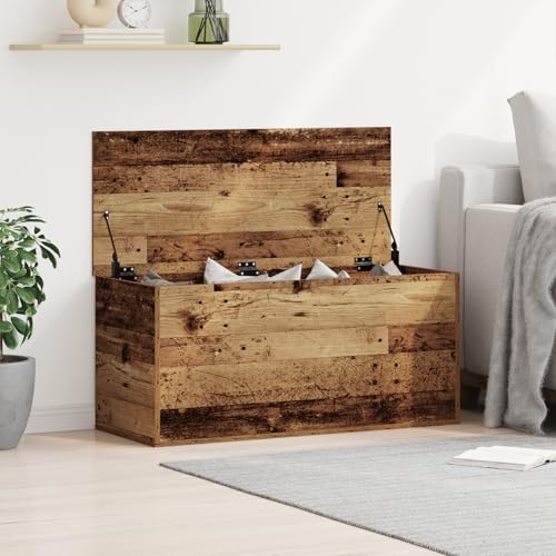 Teenpull Caja de almacenamiento con tapa, madera recuperada, 100 x 42 x 46 cm, rectangular, resistente, versátil para el hogar, resistente y elegante