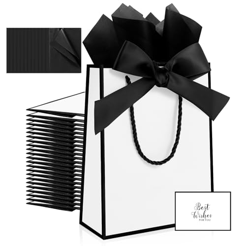 Ethhqu 12 Pack Small Black and White Gift Bags with Handles Include Tissue Papers & Cards 9x7x3.15 Thank You Gift Bags for Birthday Baby Shower Wedding Bridesmaids Anniversary Mothers Day