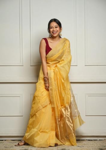 Image of Flosive inchWomen's Premium Pure Cotton Silk Saree with Golden Zari Border and Butti Work | Traditional Handloom Style Saree for Festive & Office Wear
