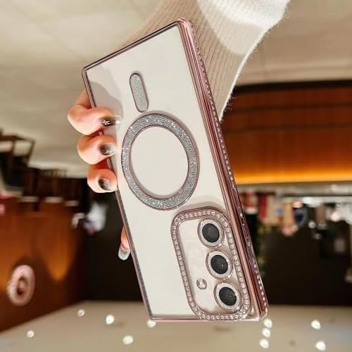 Image of for Samsung Galaxy Glitter Case,Luxury Bling Rhinestone Diamond Plated Bumper Case,MagSafe, Sparkle Camera Lens Protection Clear Back Cover (Pink, for Samsung Galaxy S25 Plus 5G)