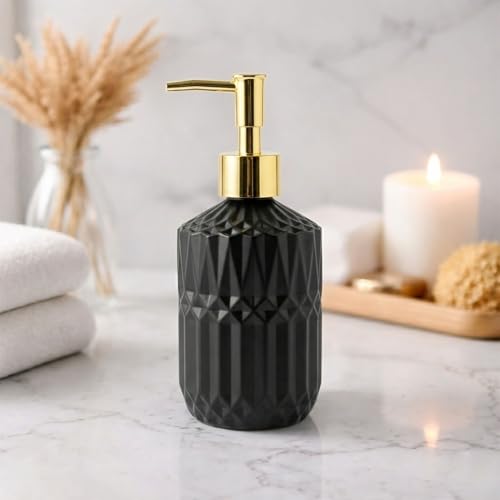 Image of Luxe Home International Geometric Texture Pattern Glass Soap Dispenser for Bathroom and Kitchen Sink Leak Proof Liquid Hand Wash Round Bottle Lightweight Smooth Finish (19x7.5 cm Black) Pack of 1