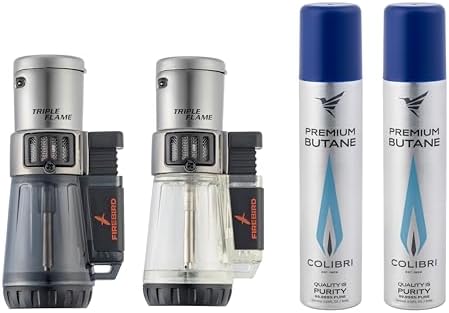 Firebird Afterburner Triple Jet Torch Lighter 2-Pack with Colibri Premium Butane Fuel Refill 90ml 2-Pack, Black + Clear Lighters, Ships Empty