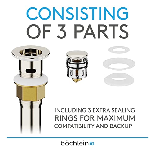 Bächlein Bathroom Sink Drain With Overflow - Brushed Nickel Pop Up Drain Incl. 3 Extra Seals - German Brand #TOP1