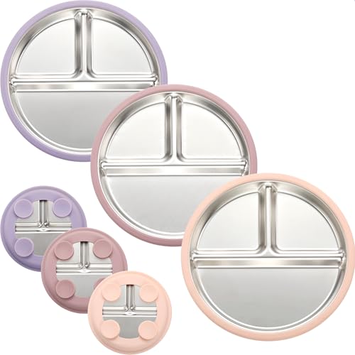 Image of SPMKTQK 3Pack Stainless Steel Kids Plates, 8.1" Divided Kids Plate with Removable Silicone Suction Sleeves for Baby Highchairs, Non Toxic BPA Free Non-Slip Unbreakable Snack Lunch Plates
