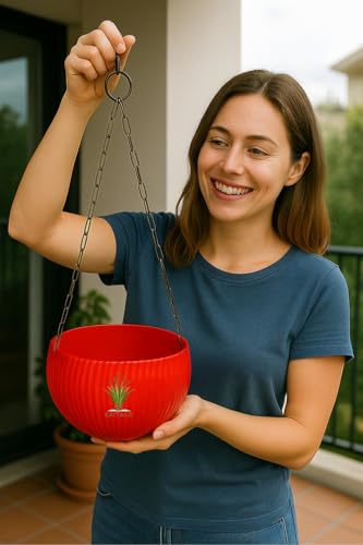 Image of Hanging Flower Pots with Chain - Set of 4 | Eco-Friendly White Plastic Planters for Balcony, Indoor & Outdoor Use | Round Ribbed Design (Red 4 Pieces)