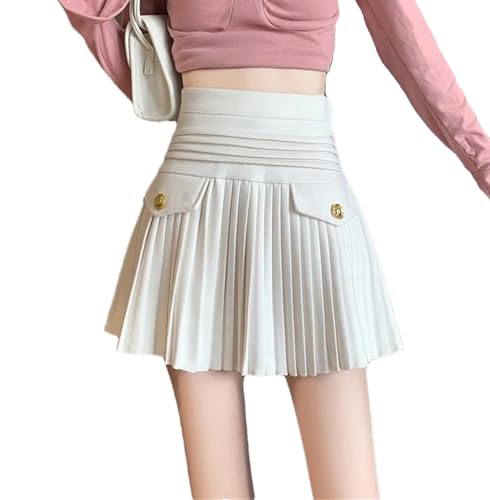 Elegant Pleated Mini Skirts Women Vintage Buttons Solid A-Line High Waist Short Skirt