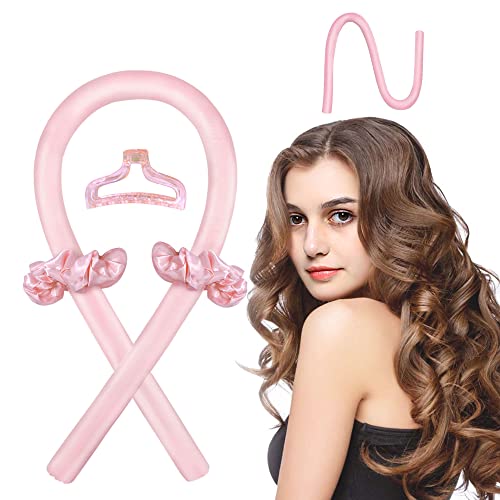 Heatless Hair Curler Rod Headband Overnight for Long Hair - No Heat Silk Ribbon Curling Rod Hair Roller Curls with Hair Clips and Scrunchie - Soft Foam Hair Rollers Styling Tool for Sleep (Pink)