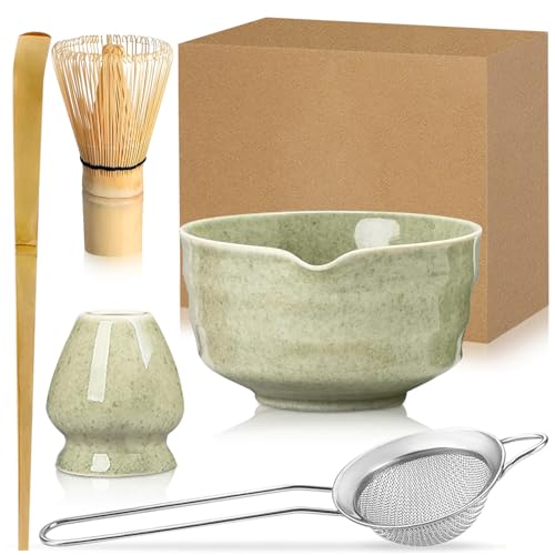 Exquilnova 5 Stück Matcha Set, Keramik Matcha Schale mit Ausgießer, Bambus Matcha Besen, Matcha Whisk, Schaufel, Sieb, M...